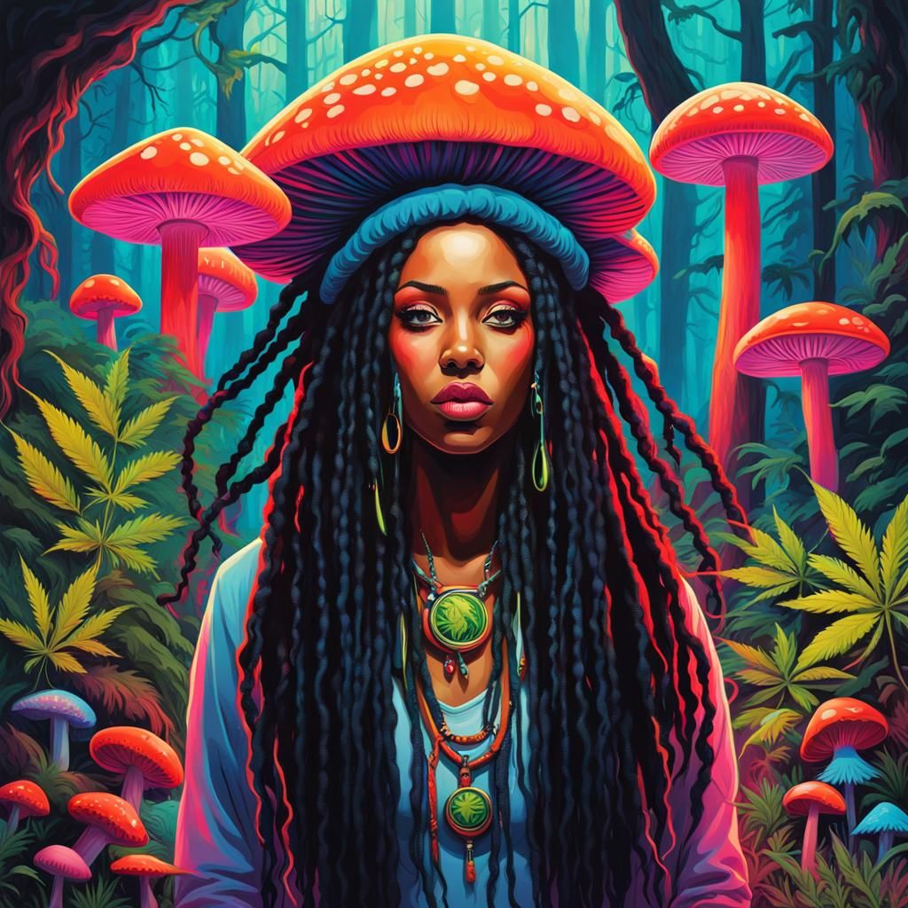 Psychedelic Forest: Woman with Dreadlocks Smoking Bong