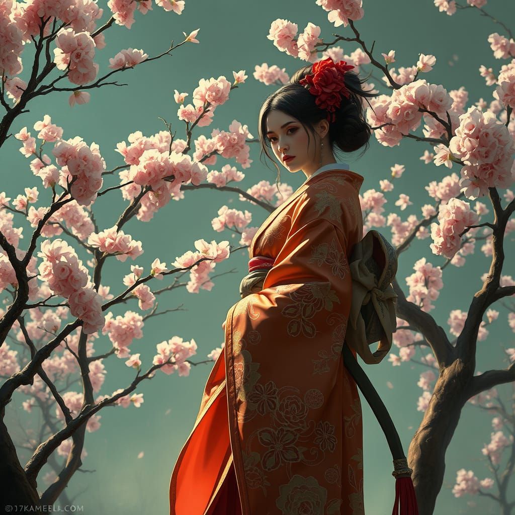 Japanese Princess in Kimono Amidst Cherry Blossoms