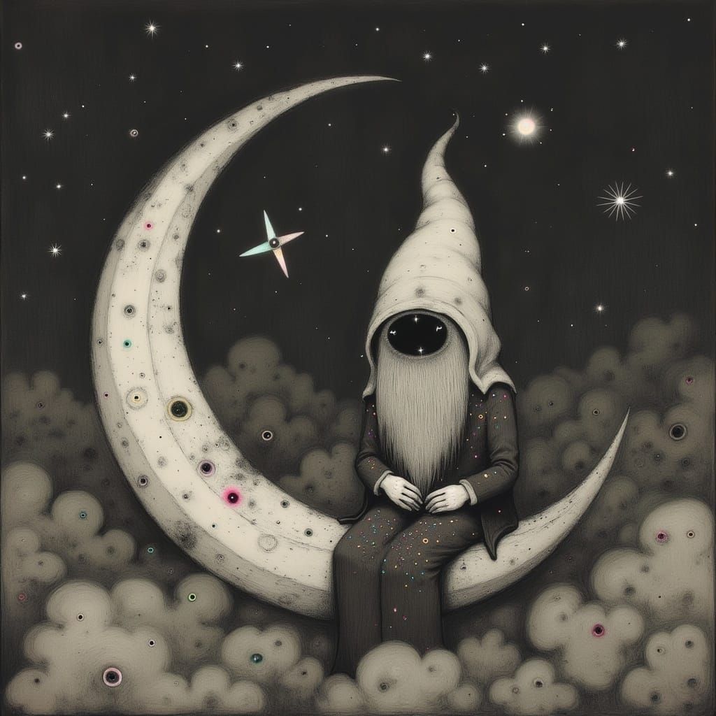 Mystical Gnome Adorns Crescent Moon
