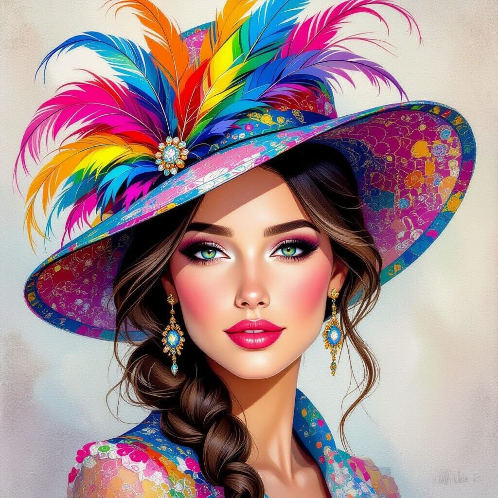 Beautiful Woman in Rainbow Feather Hat, Gouache Painting