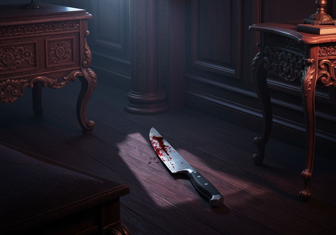 Bloody Knife on Dark Wood Floor, Digital Art