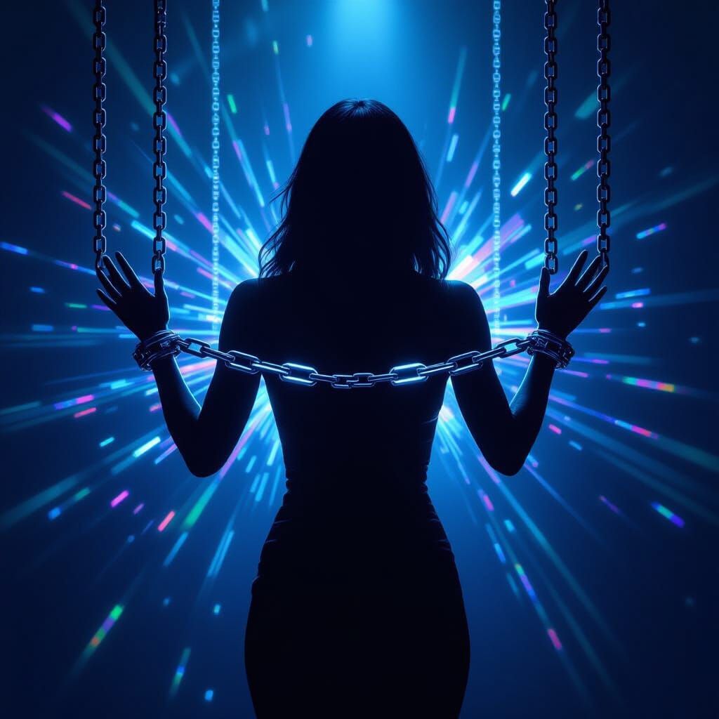 Woman Breaking Free From Robotic Handcuffs in Prism Light