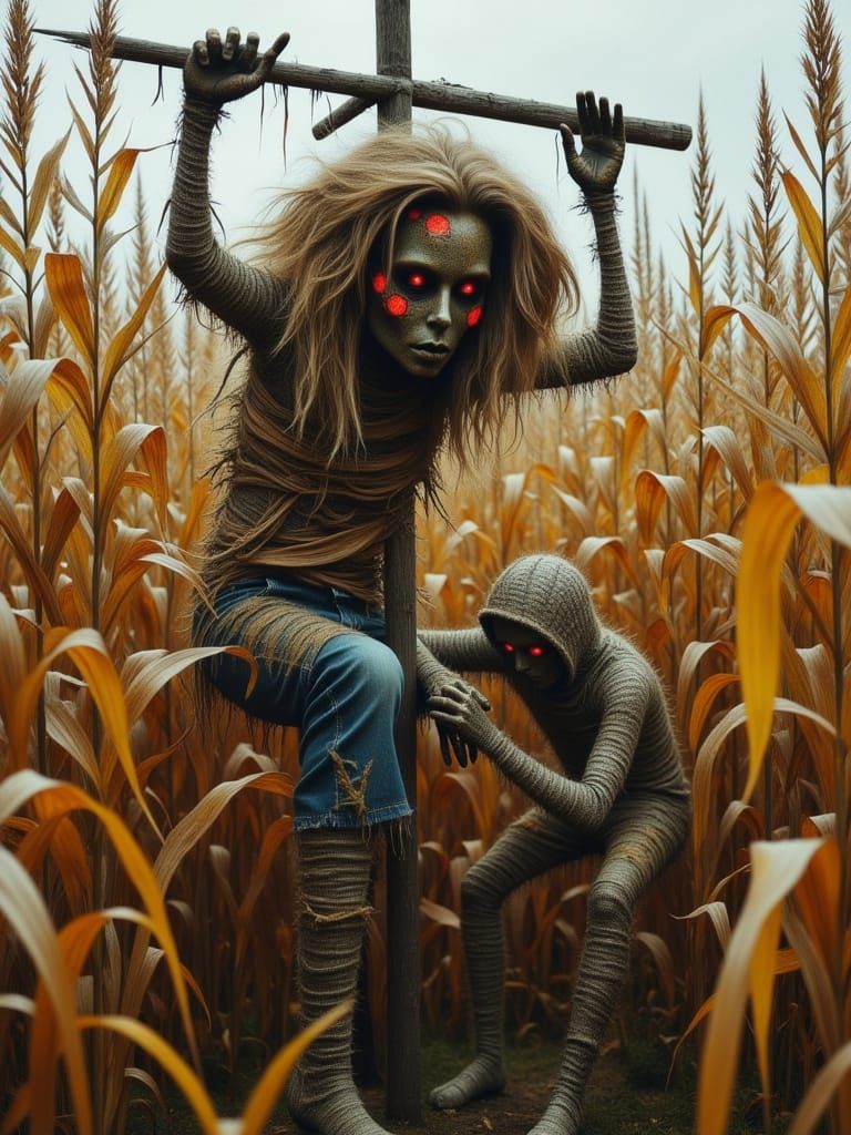 Eerie Scarecrow Attacked by Corn Shuck Creature