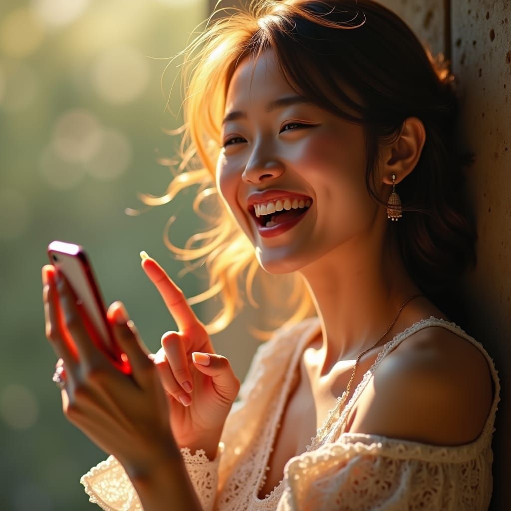 Asian Woman Joyfully Shows Phone in Hyperrealistic Portrait