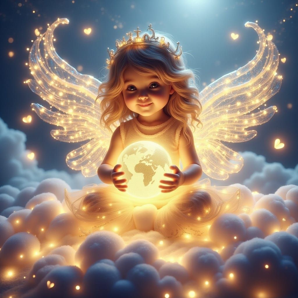 Child Angel in Clouds with Glowing Globe