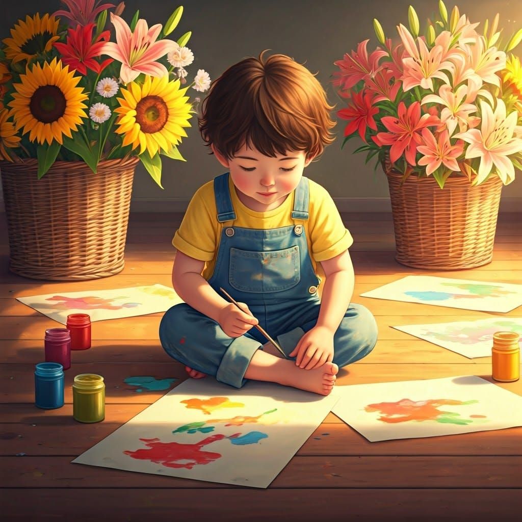 Whimsical Boy's Colorful Gouache and Pastel Painting