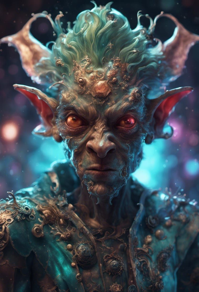 Iridescent Circuitry Goblin in Rococo Fantasy Style
