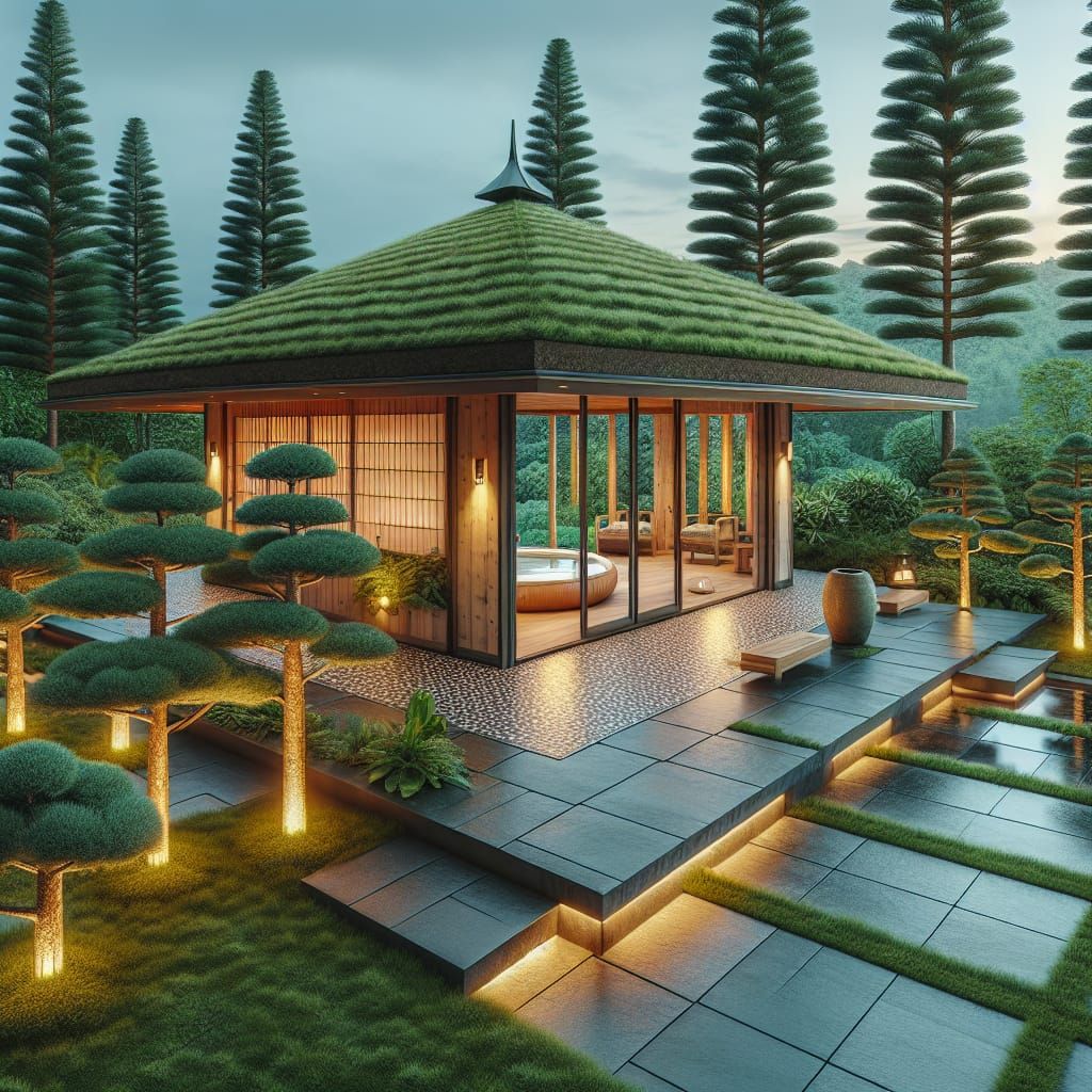 Tranquil Hexagonal Garden Pavilion with Onsen Bath