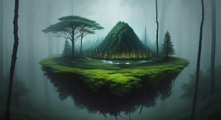 Ethereal Floating Island Over Dark Forest