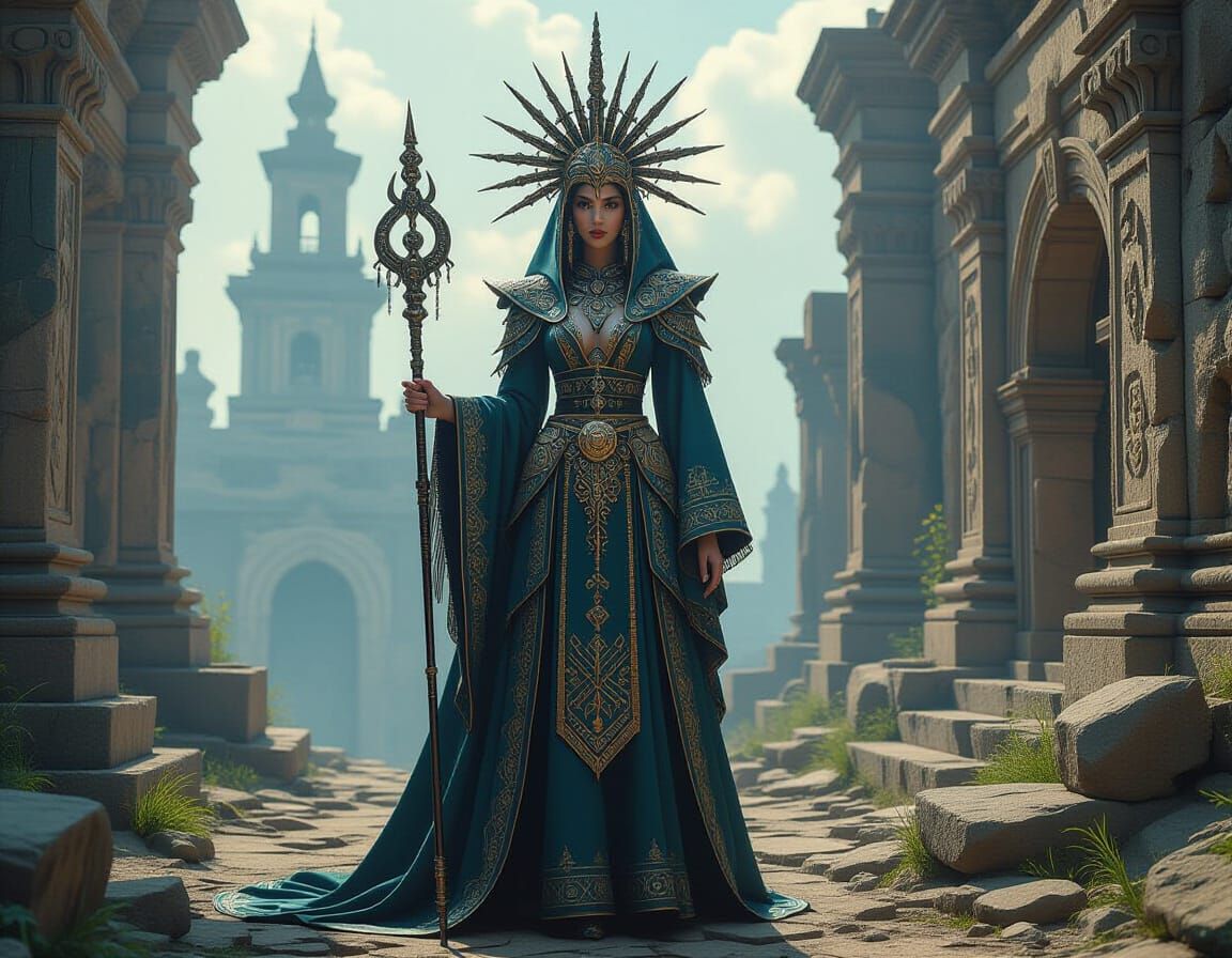 Mystical Multi-Faced Woman in Ruins: Digital Painting