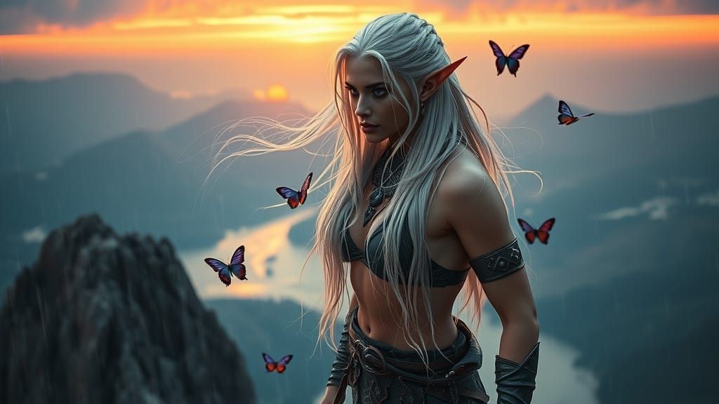 Gothic Elf Warrior Stands Tall on Windswept Mountain
