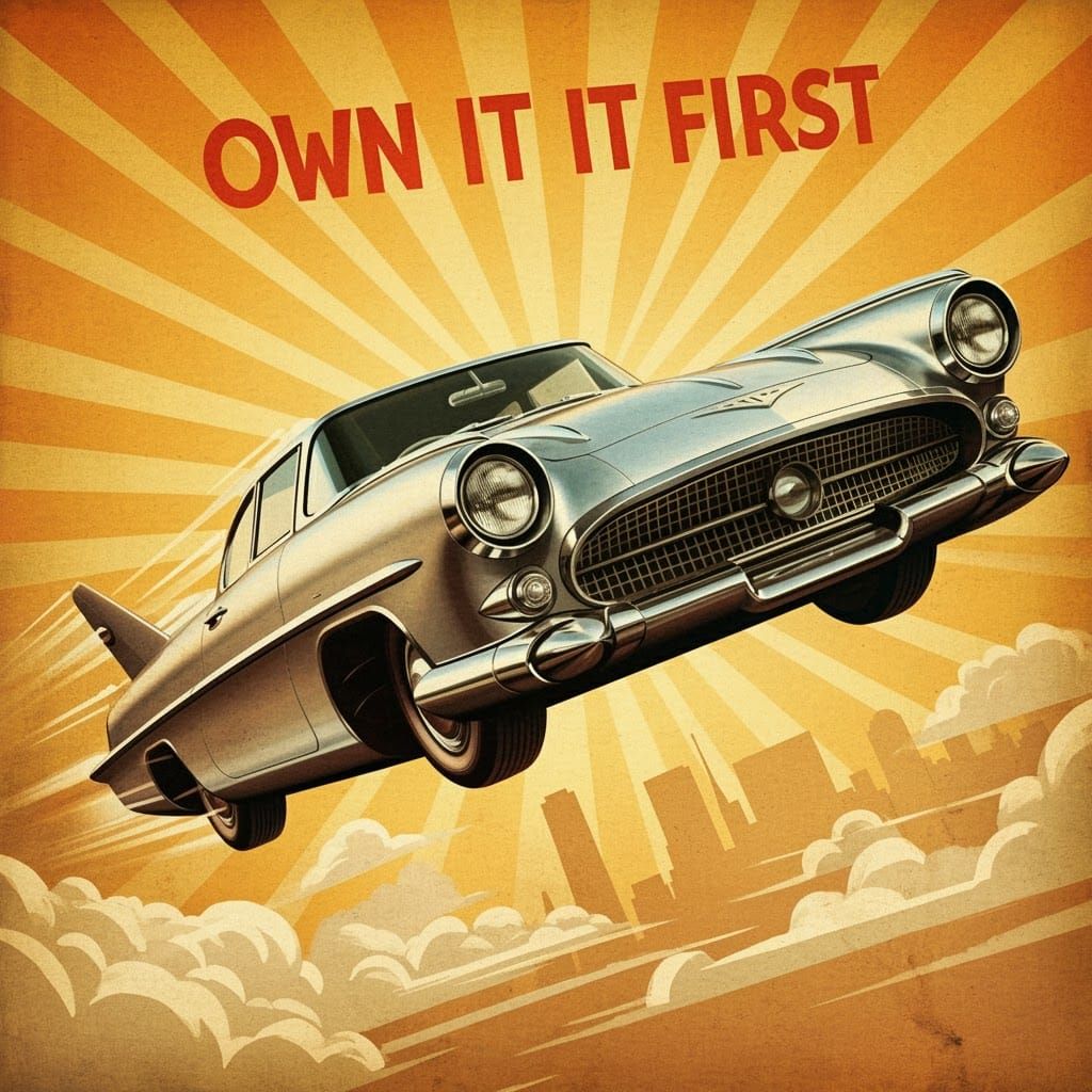 Retro-Futuristic Flying Car Ad in Neon-Lit Cityscape