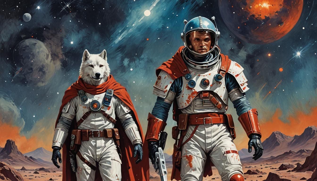 Roman Centurion and Wolf on Distant Planet in Sci-Fi Style