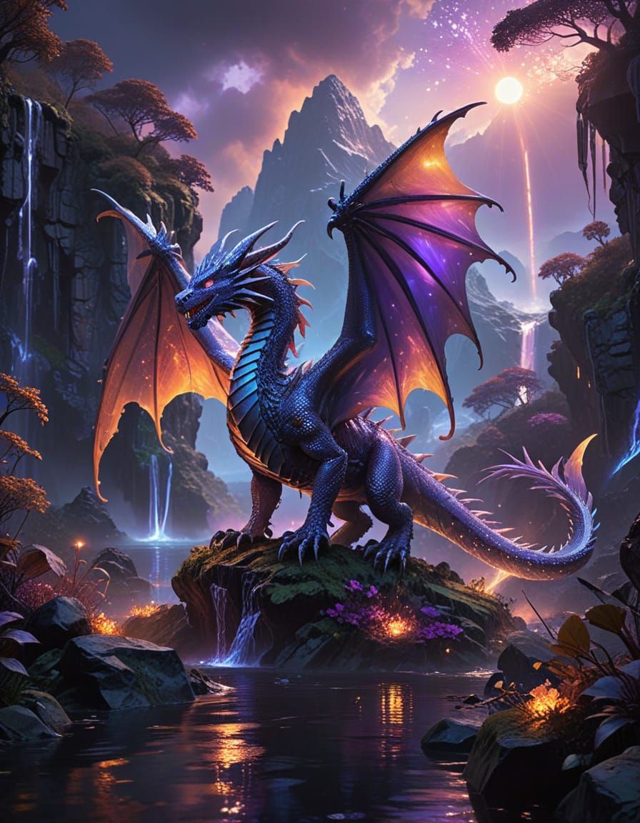 Majestic Crystal Dragon Unfurls in Radiant Sunset Landscape