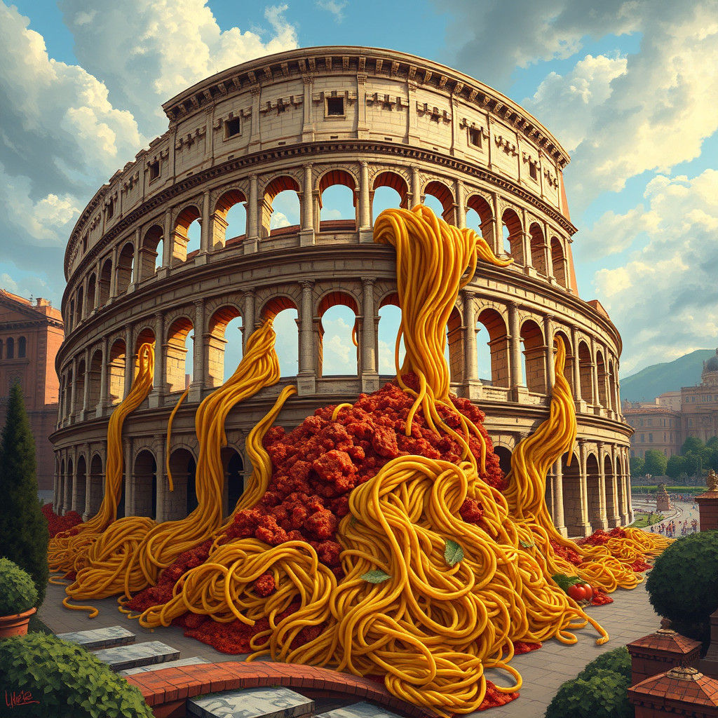 Colosseum Filled with Giant Spaghetti, Pop Art Style
