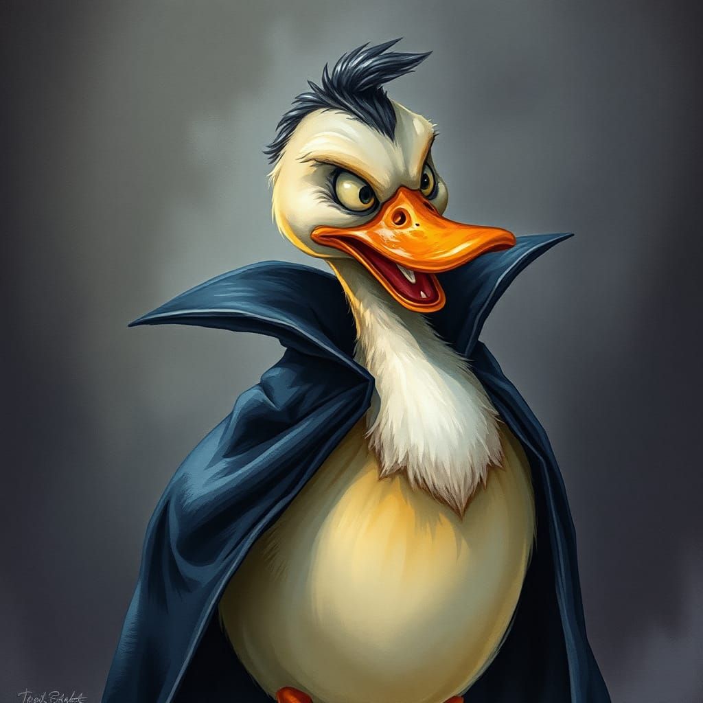 Whimsical Vampire Duck Illustration in Watercolor Style