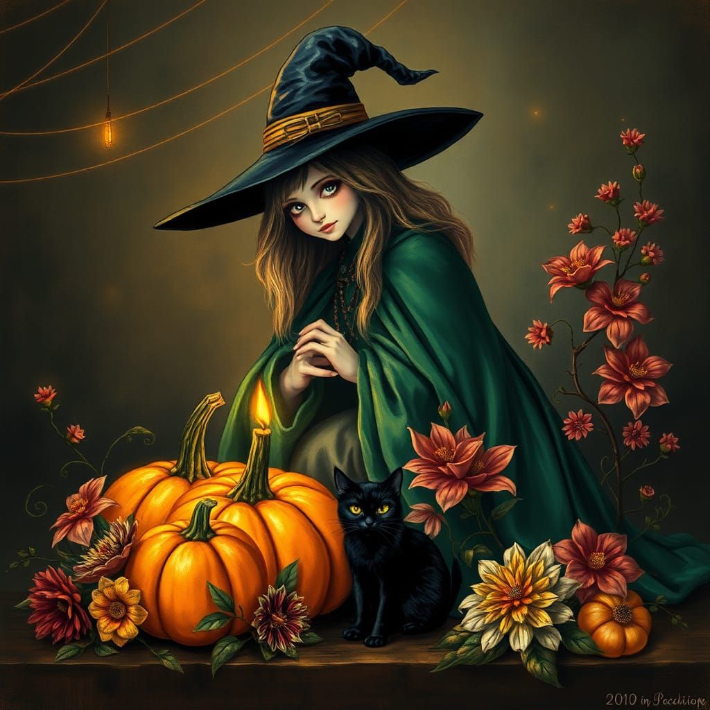 Whimsical Witch in Emerald Cloak with Black Cat and Pumpkins