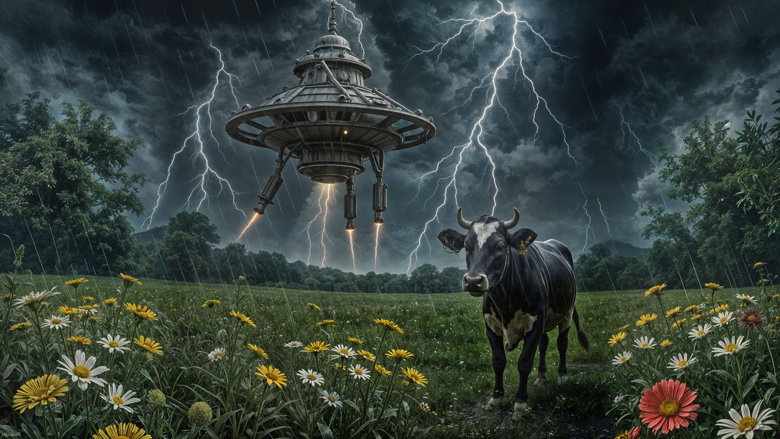 Steampunk Alien Ship Lands During Thunderstorm