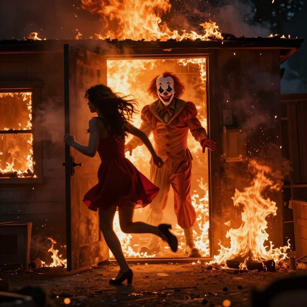 Woman Flees Burning House From Evil Clown, Cinematic Style