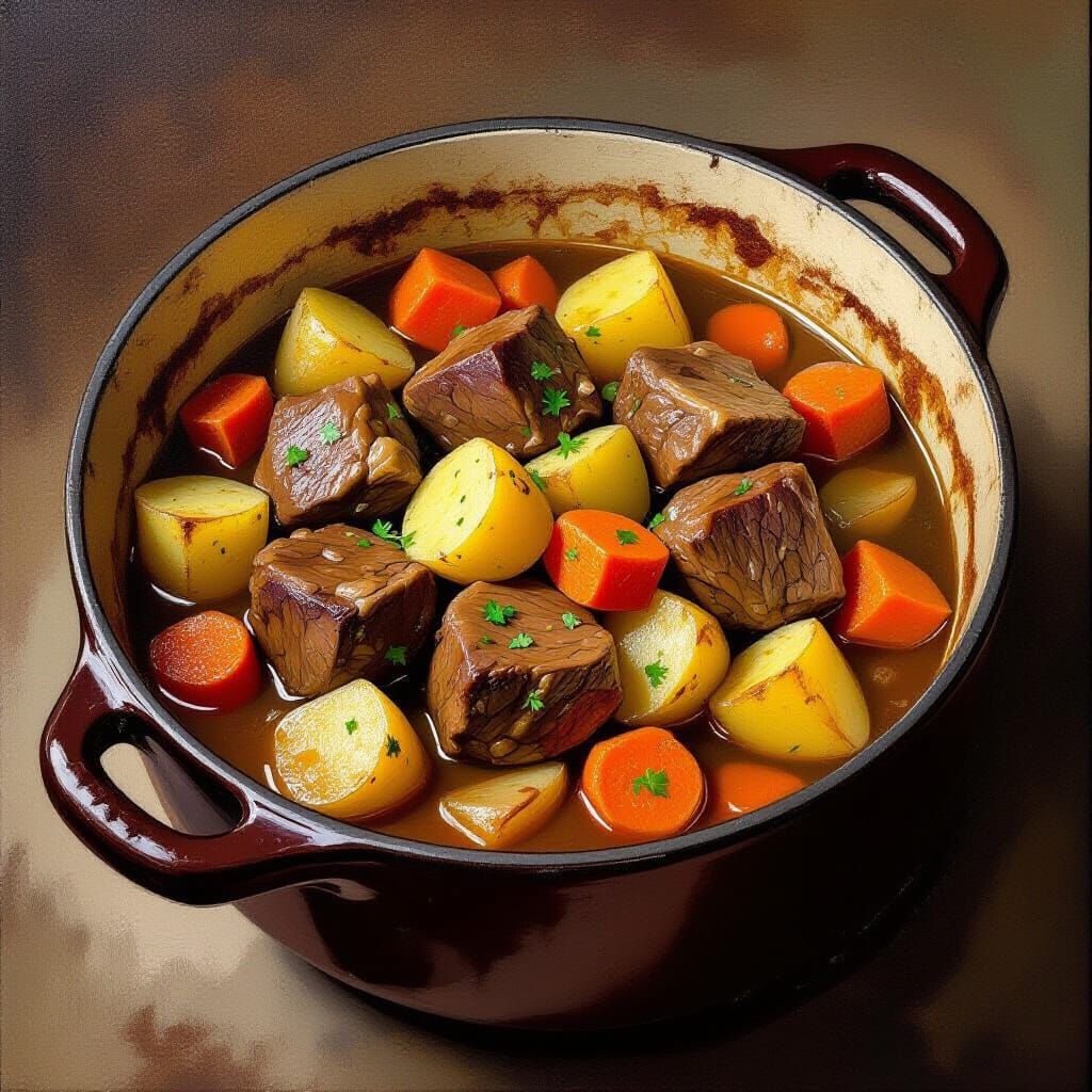 Rustic Lamb Stew in Classic Oil Painting Style