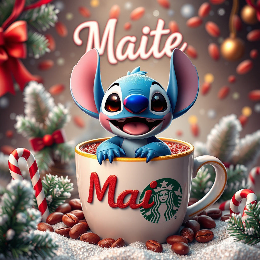 Baby Stitch in Starbucks Cup: 3D Rendered Christmas Scene