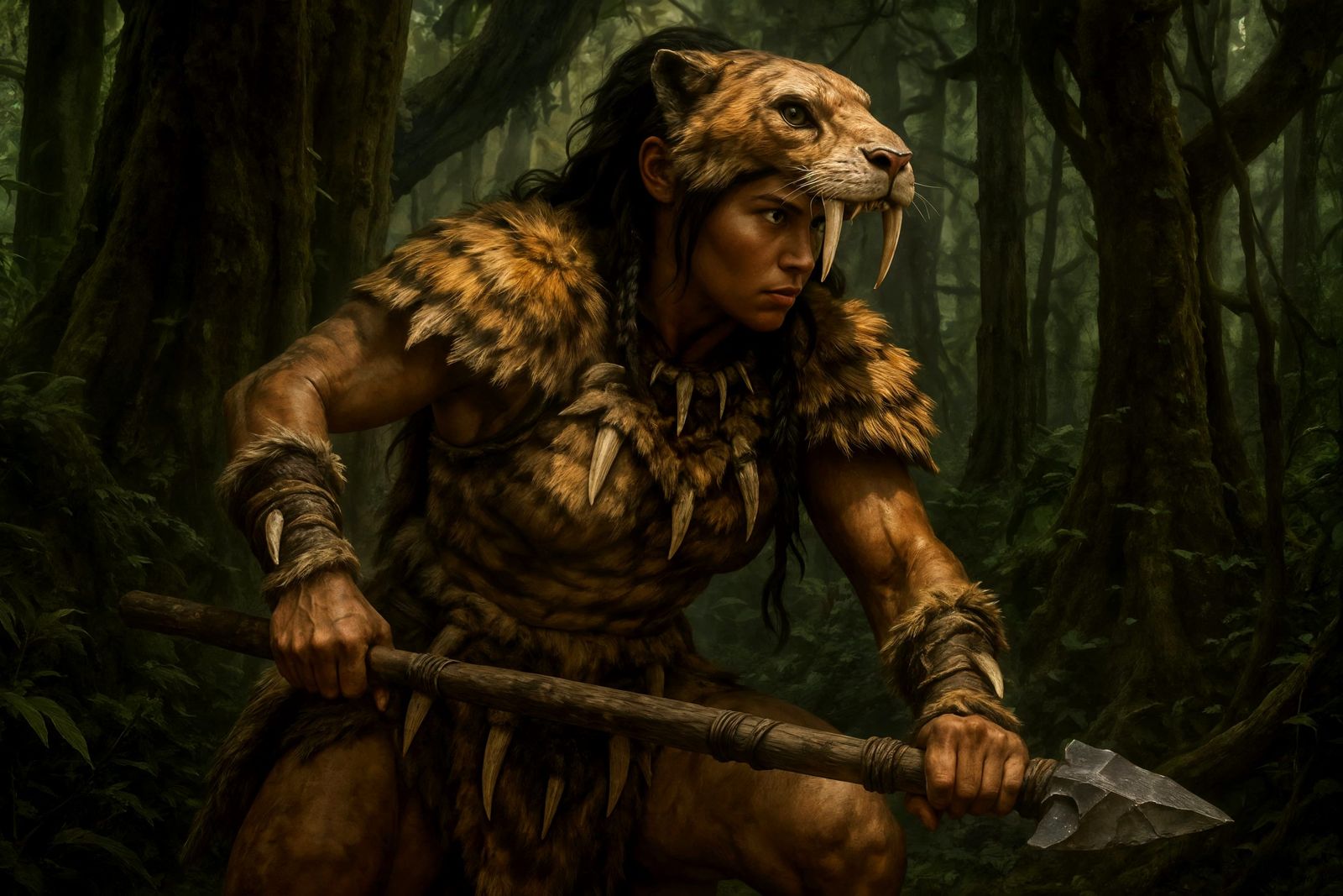 Prehistoric Huntress in Smilodon Armor, Ancient Forest