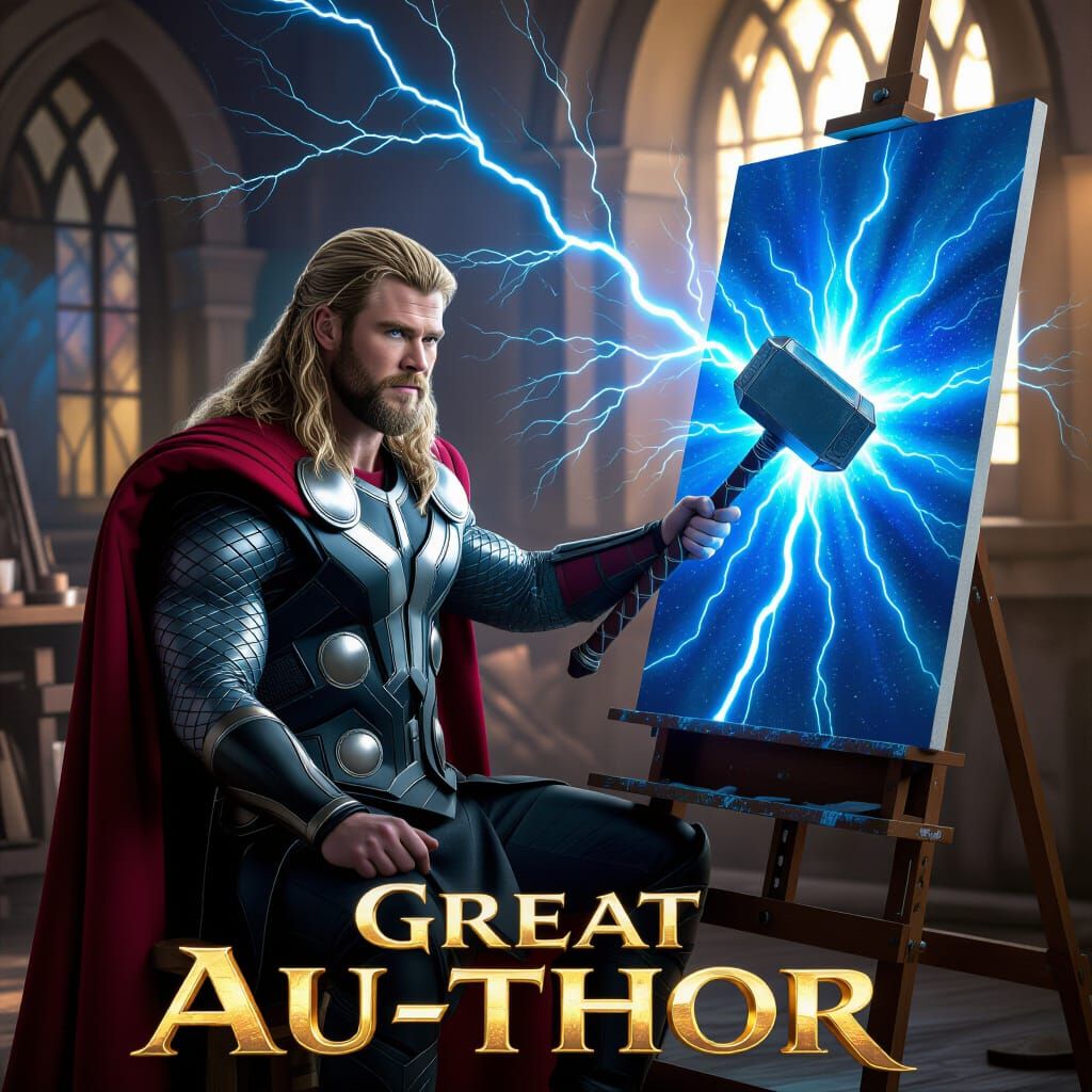 Thor as Artist Painting with Mjolnir in Asgard Studio