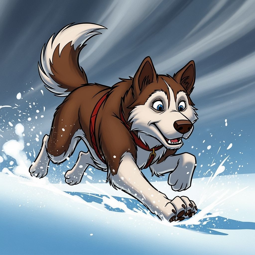 Heroic Balto Runs Through Snowy Landscape in Cartoon Style