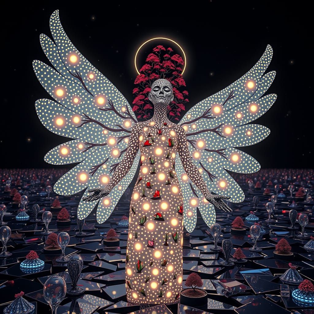 Ethereal Angel of Death in Dazzling Dots Landscape