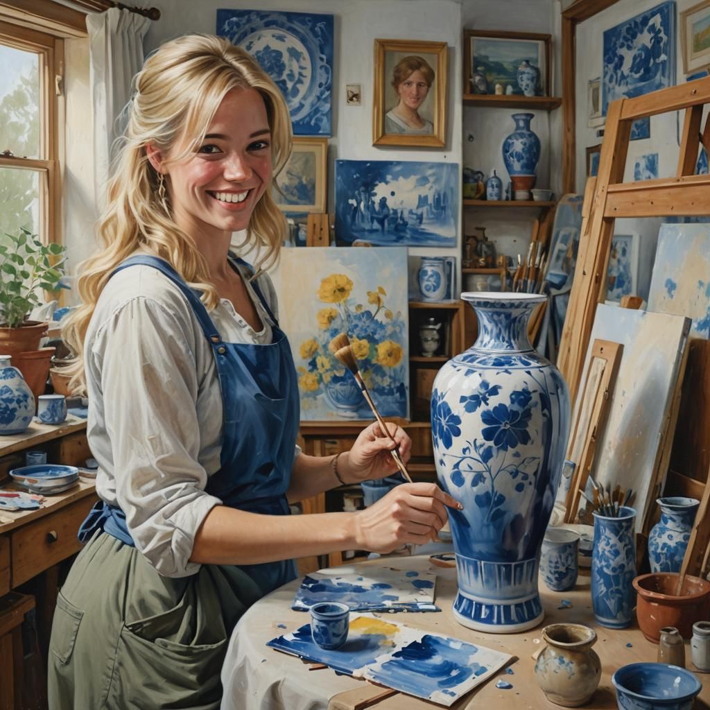 Artist Painting Delft Vase in Home Studio