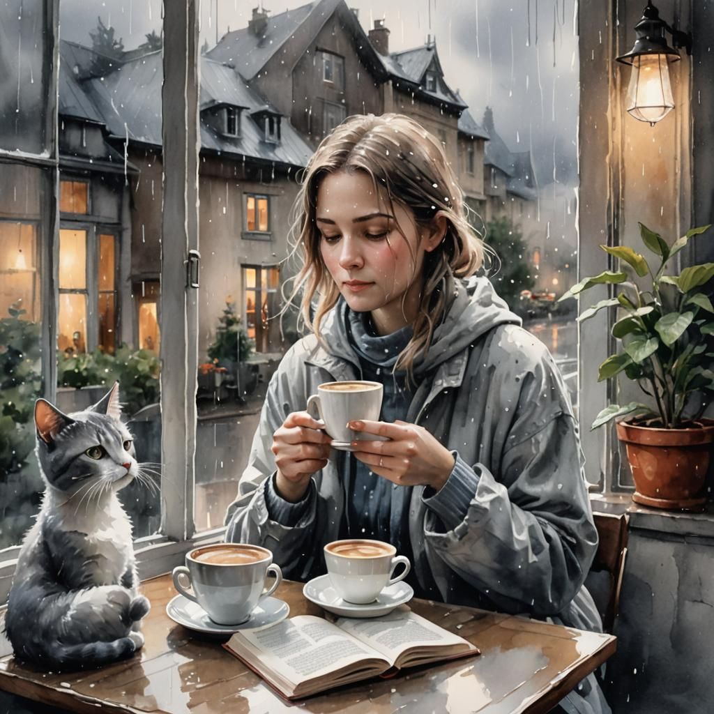 Cozy Rainy Day: Woman Reading with Cat in Watercolor