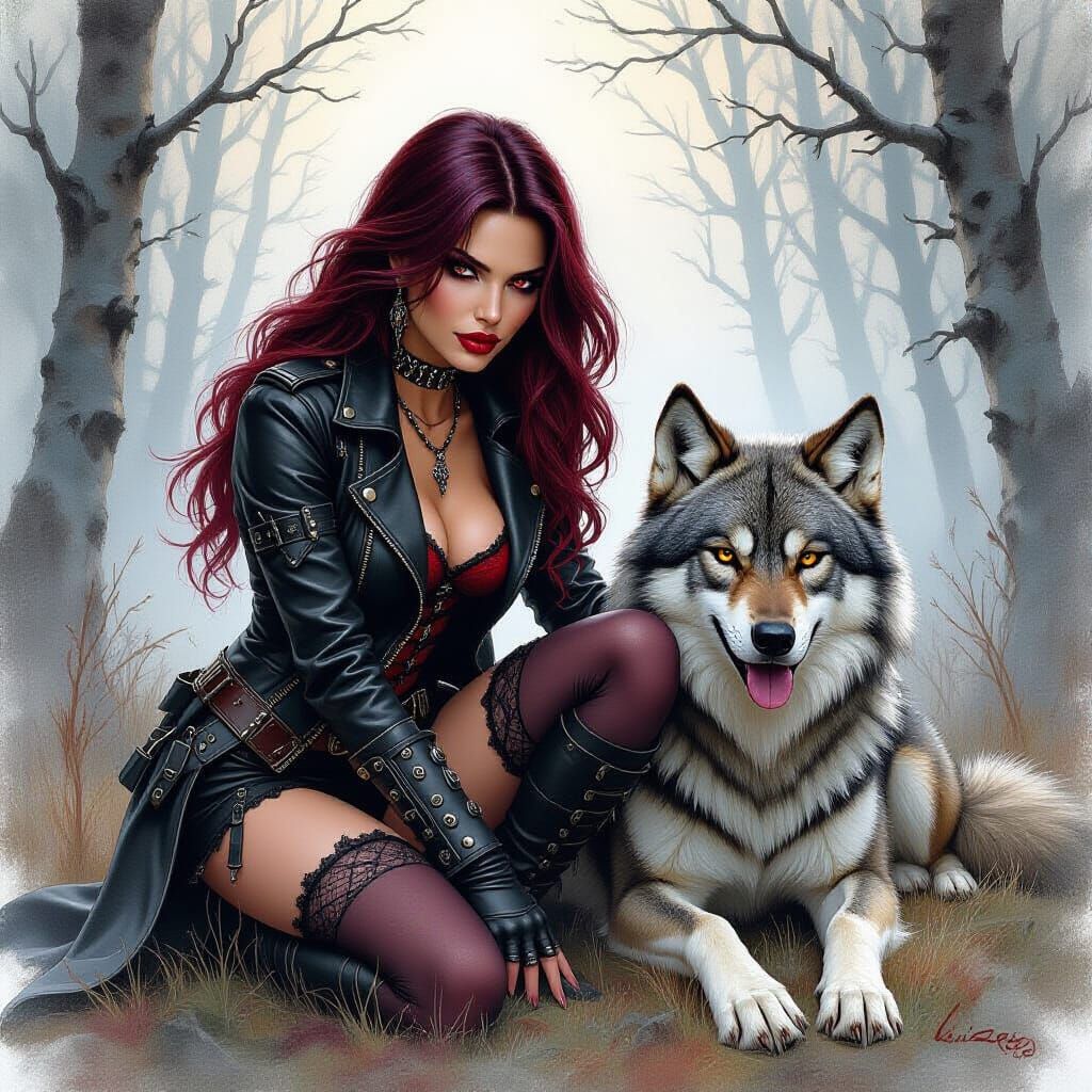 Gothic Warrior and Wolf in Dark Fantasy Style
