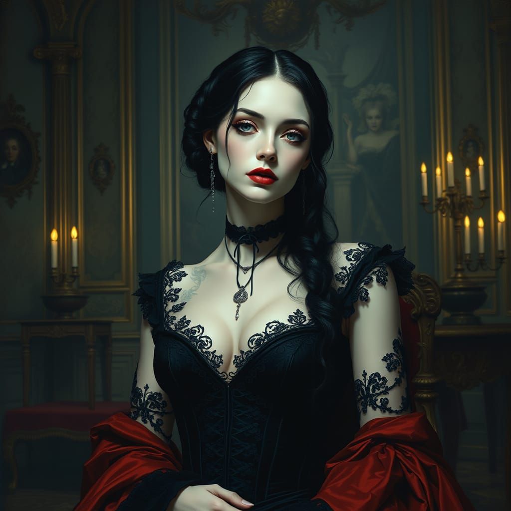 Ethereal Noblewoman in Dark, Ornate Chamber