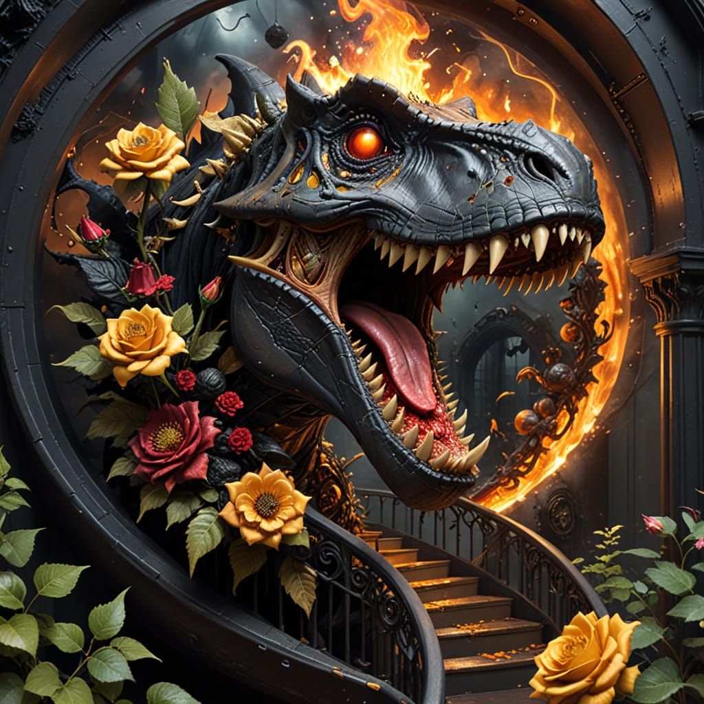 Surreal Impasto Painting of Black Roses and Vortex in Dark W...