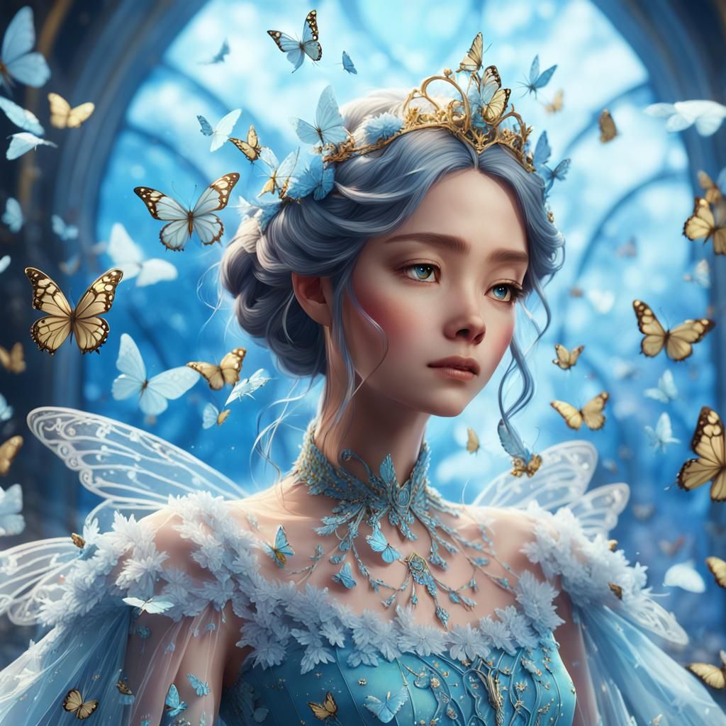 Fairy Queen in Cloud Blue Dress, Anime Style