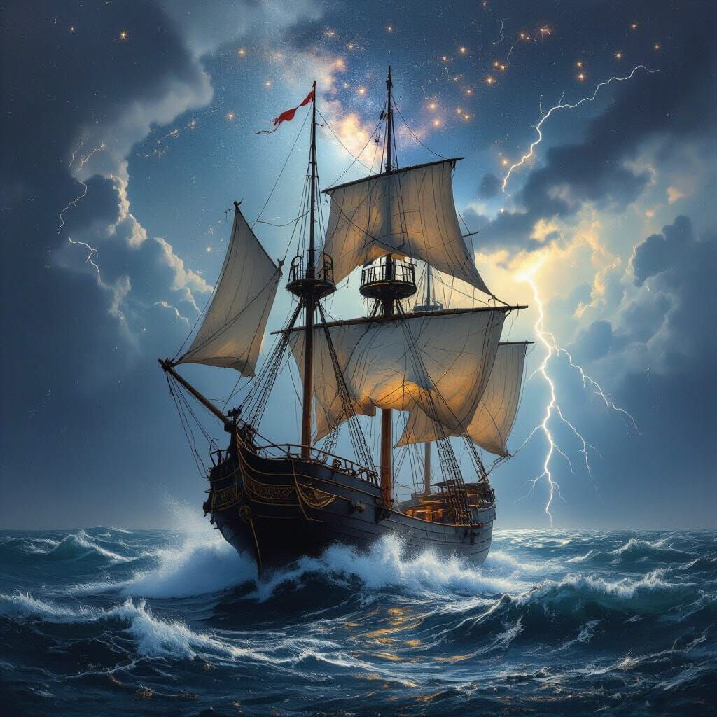 Sailing Ship Navigating Stormy Seas under Constellations