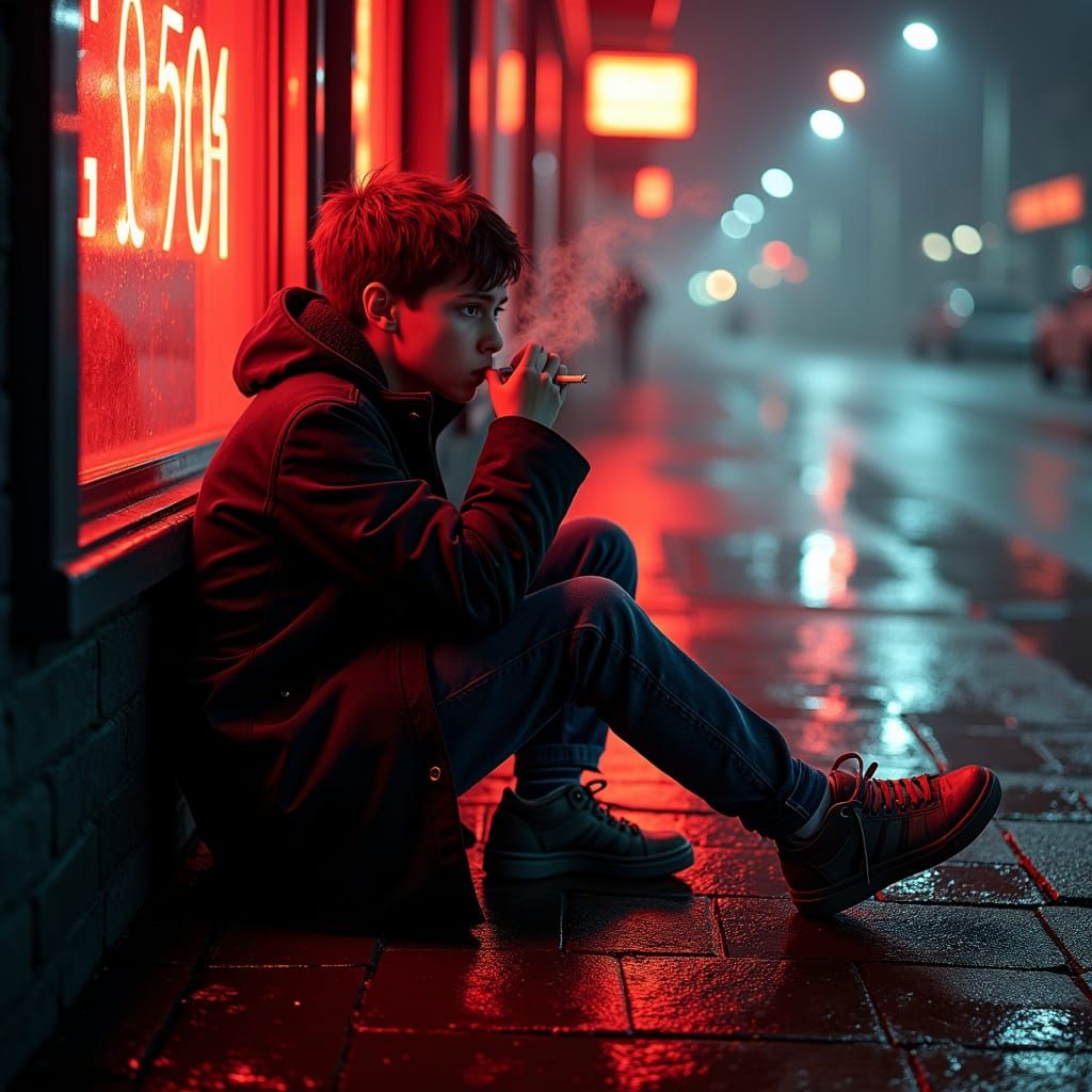 Teen Smoking in Dystopian Cityscape with Neon Lights