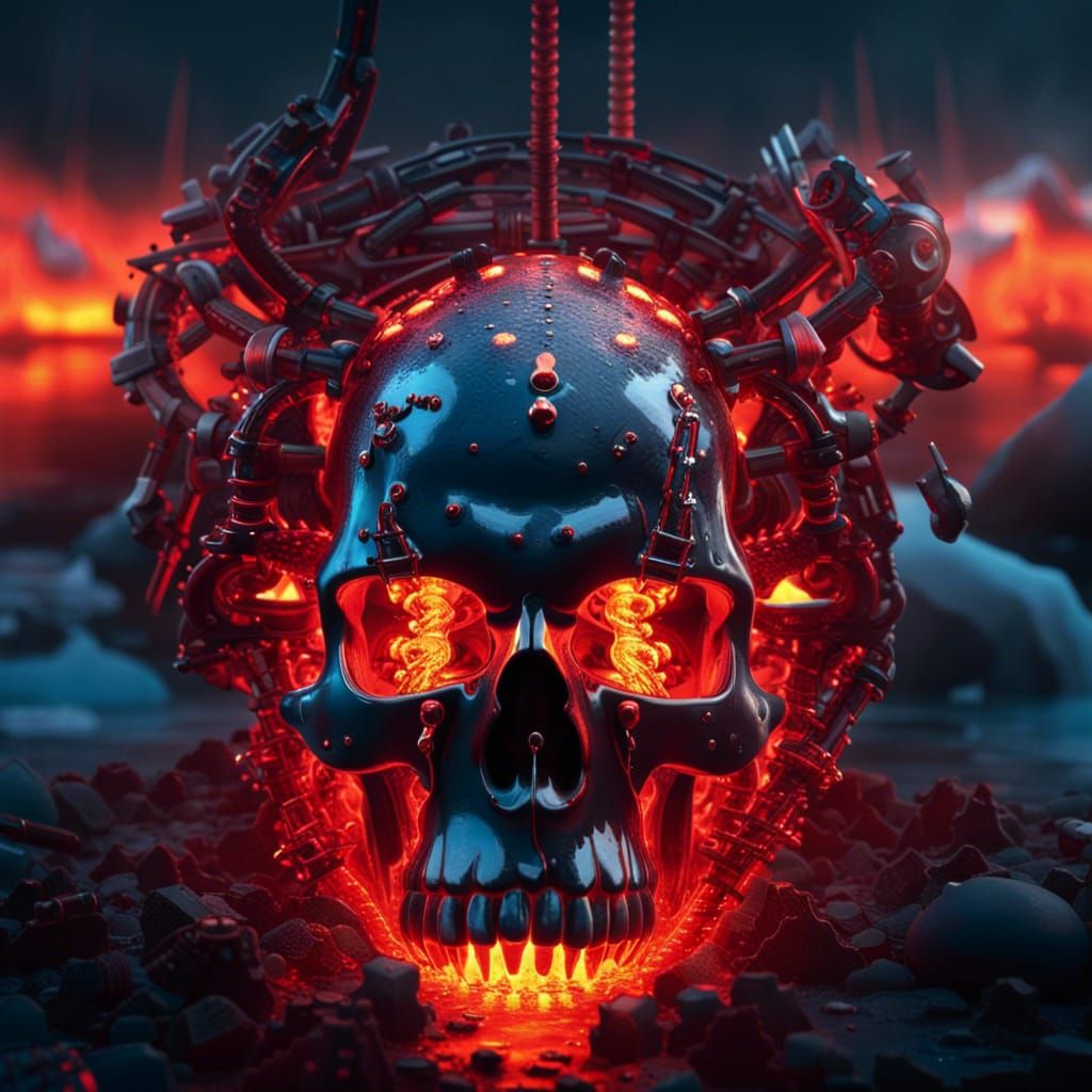 Surreal Skull of Metal in Burning Ice Lake