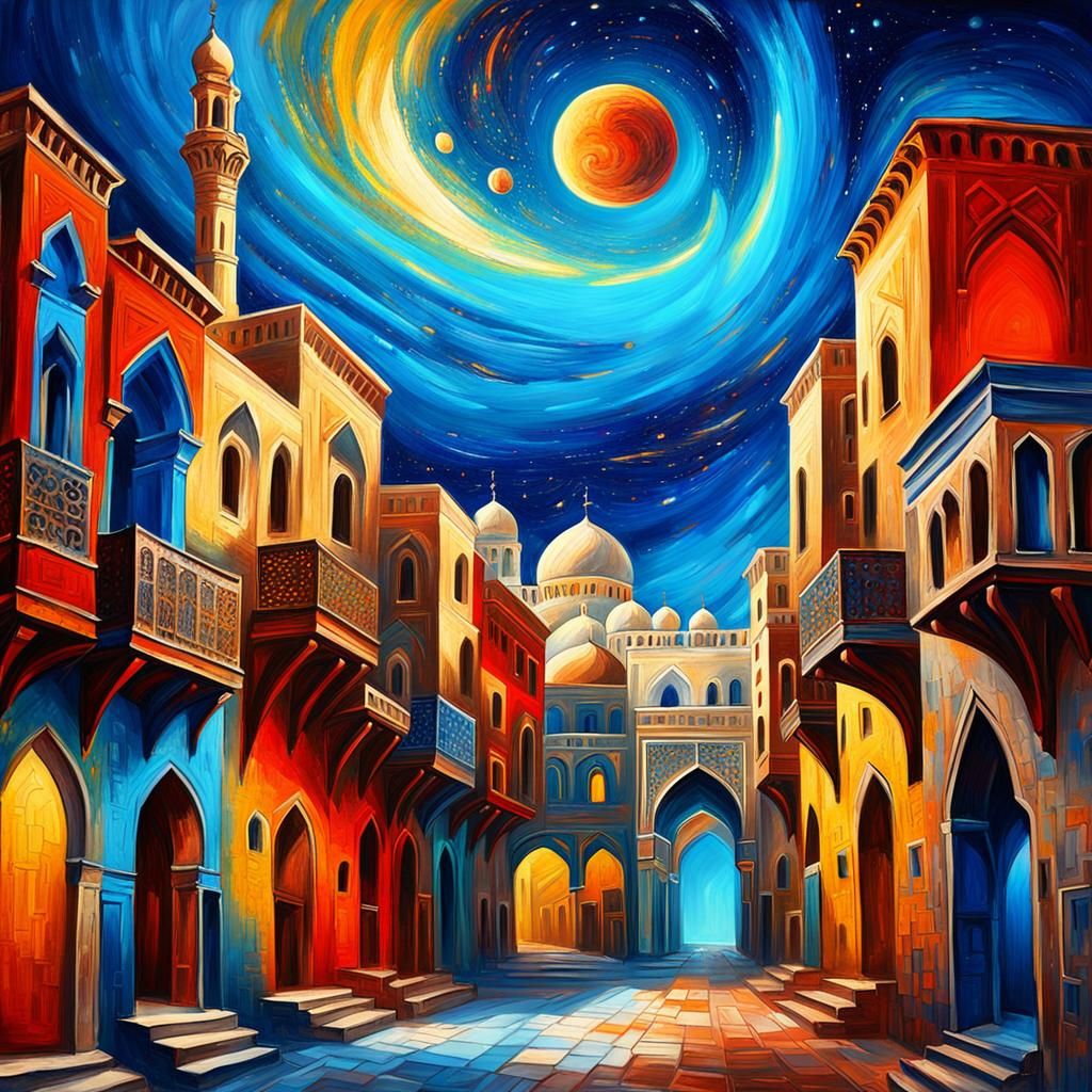 Arabian City with Galaxy Sky, Abstract Oil Painting