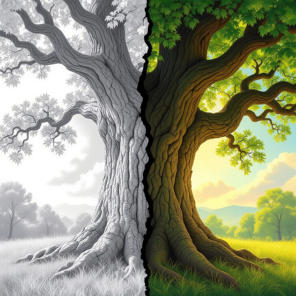 Ancient Tree: Pencil Sketch Meets Photorealistic Digital Art