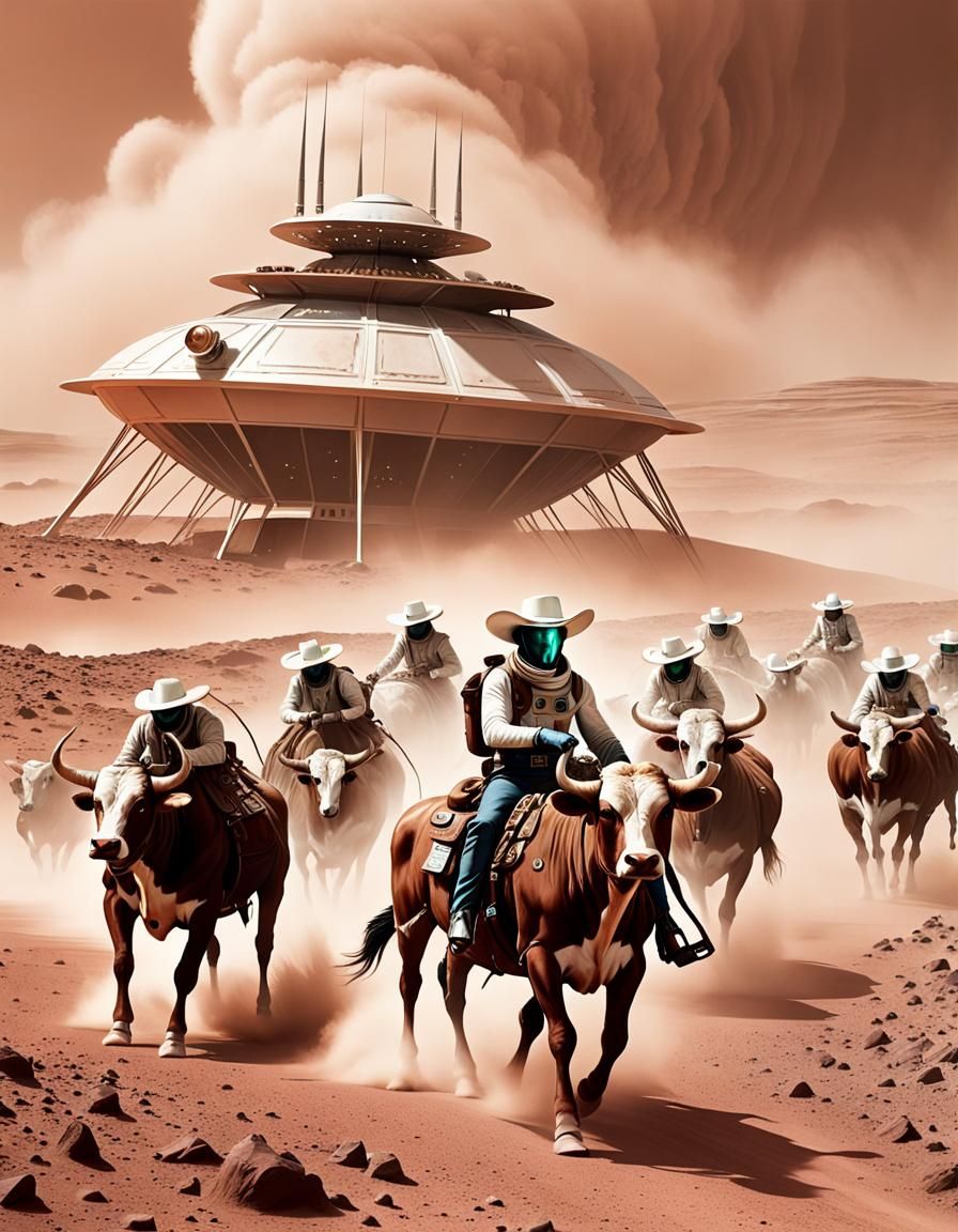 Space Cowboy Herding Alien Cattle on Mars in Retro Sci-Fi St...