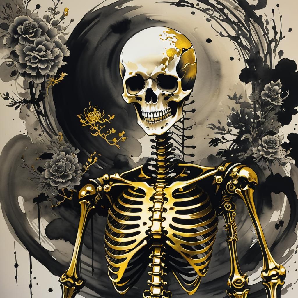 Darkpunk Weirdcore Skeleton in Chinese Ink Drawing
