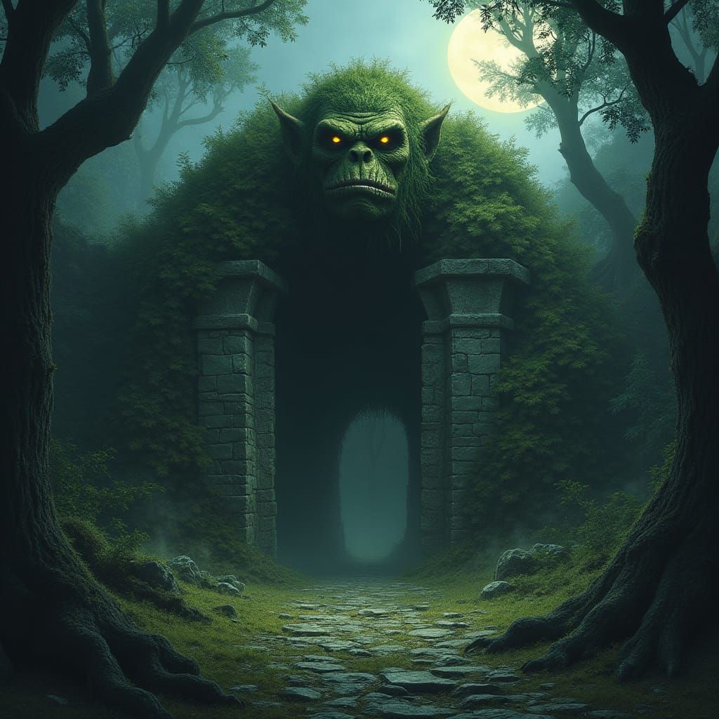 Mossy Troll Guards Ancient Castle Gate in Moonlight