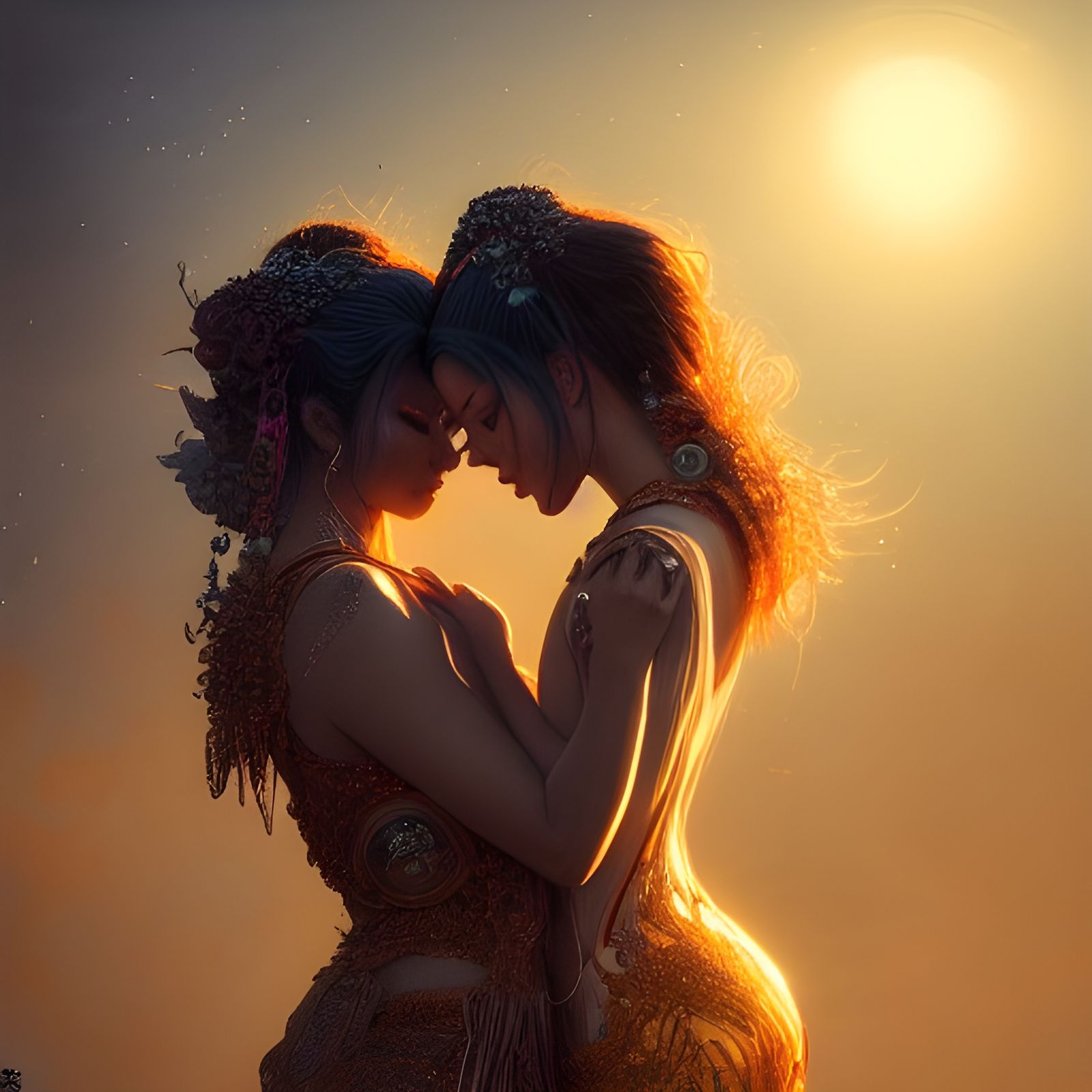 Goddesses in Golden Embrace: Hyperdetailed Fantasy Art