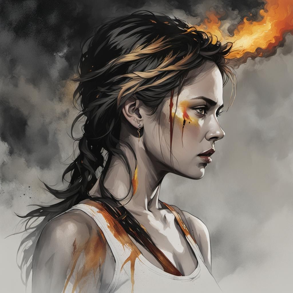 Sweaty Woman with Fire in Her Eyes