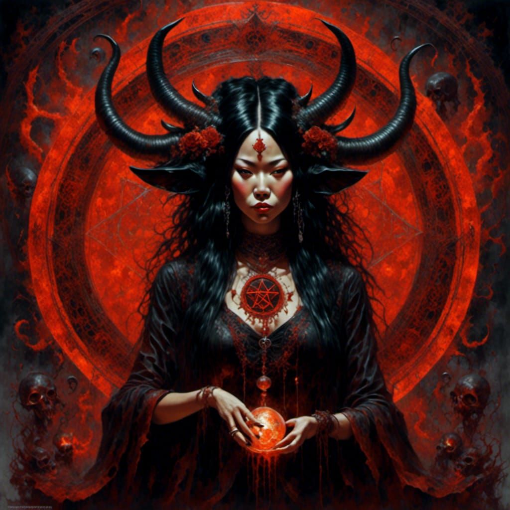 Asian Demon Witch at Altar in Oil Painting Style