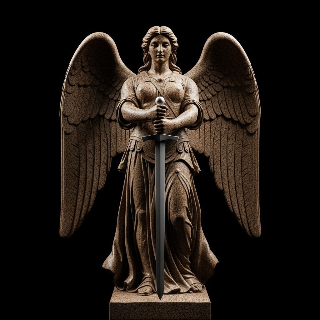 Warrior Angel Statue in Brown Granite, Neo-classical Style