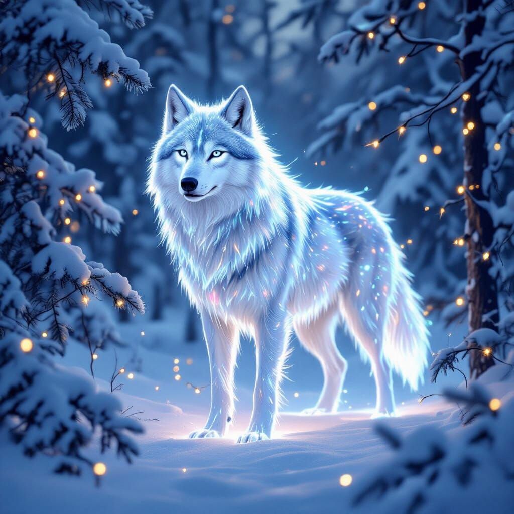 Glowing Icy Wolf in Snowy Forest with Christmas Lights