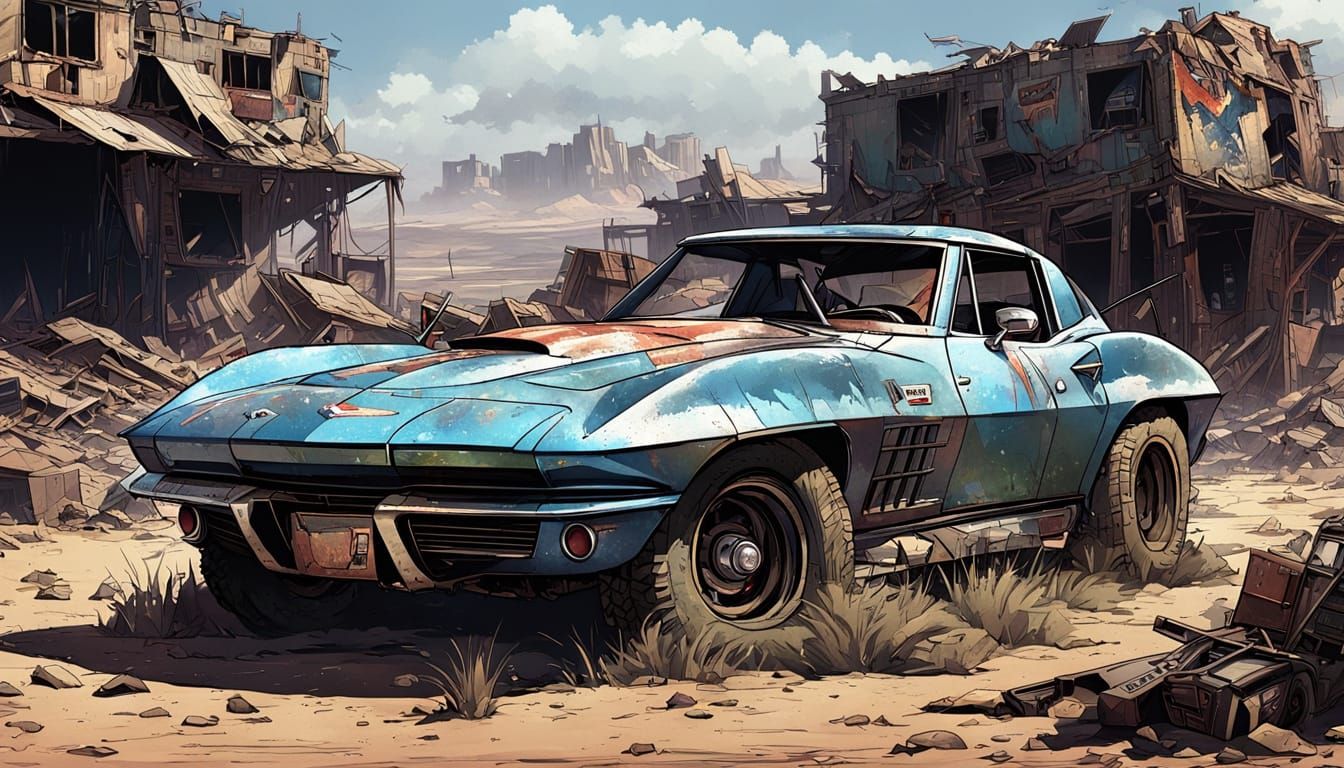 Apocalyptic Corvette Navigates Ruined World: Comic Book Art