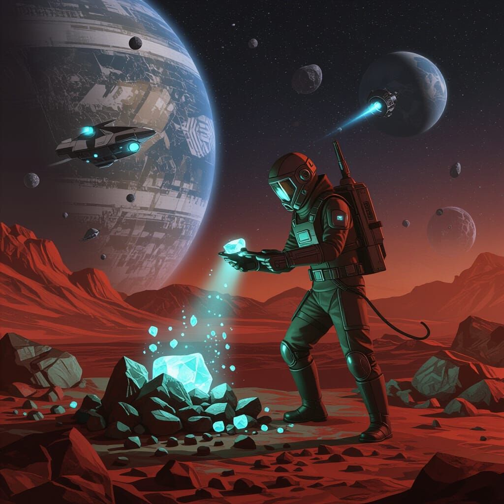 Futuristic Prospector on Alien Planet Gathering Ores
